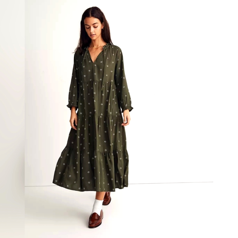 Madewell Tie-Neck Tiered Midi Dress in Stardot | Size S | NWT | Retail $128